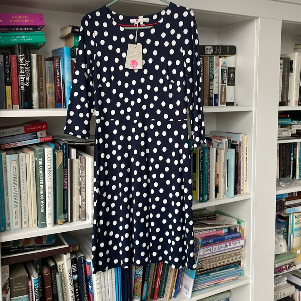 Navy and white polka dot dress